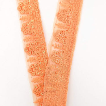 Orange Net Lace Trim With Floral Embroidery And Gold Sequins, Sequinned Trim, Wedding Trim Bridal Trim